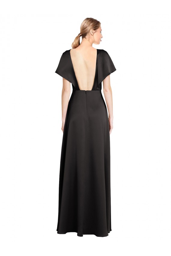 Noir Trapèze Col V Satiné Stretch Longue Formelles Robes demoiselle d'honneur / Robes de soirée / Robes de bal Prix Réduit
