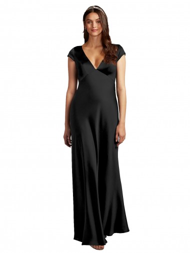 Noir Trapèze Col V Satiné Stretch Longue Formelles Robes demoiselle d'honneur / Robes de soirée / Robes de bal Prix Réduit