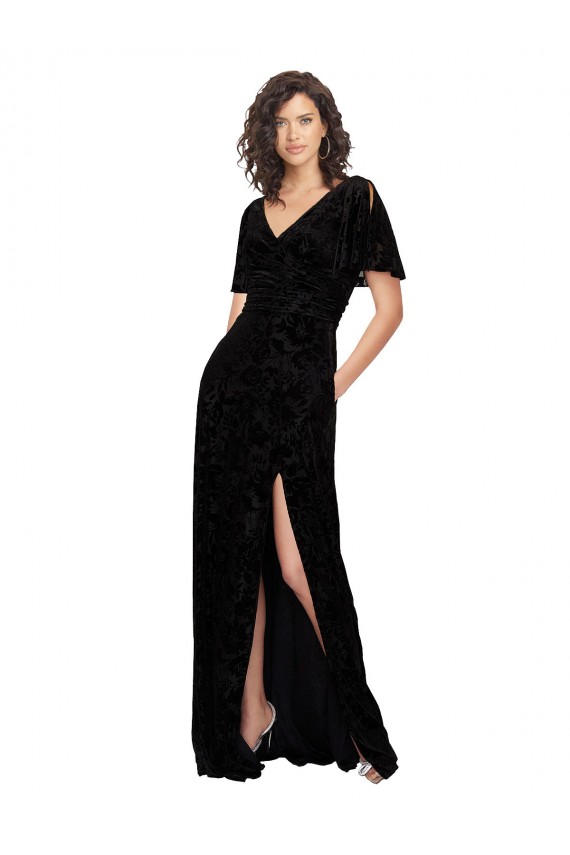 Noir Trapèze Col V Velours Floral Velours Stretch Longue Robes demoiselle d'honneur Prix Réduit