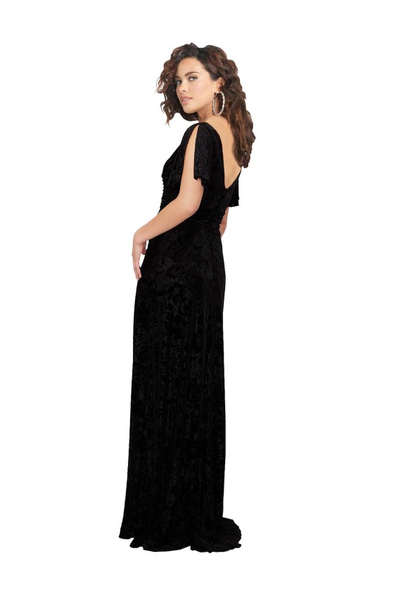 Noir Trapèze Col V Velours Floral Velours Stretch Longue Robes demoiselle d'honneur Prix Réduit