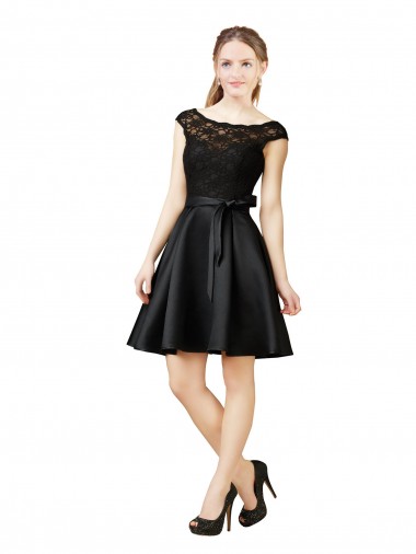 Noir Trapèze Illusion Satiné Dentelle Courte Robes demoiselle d'honneur / Robes de cocktail Prix Réduit