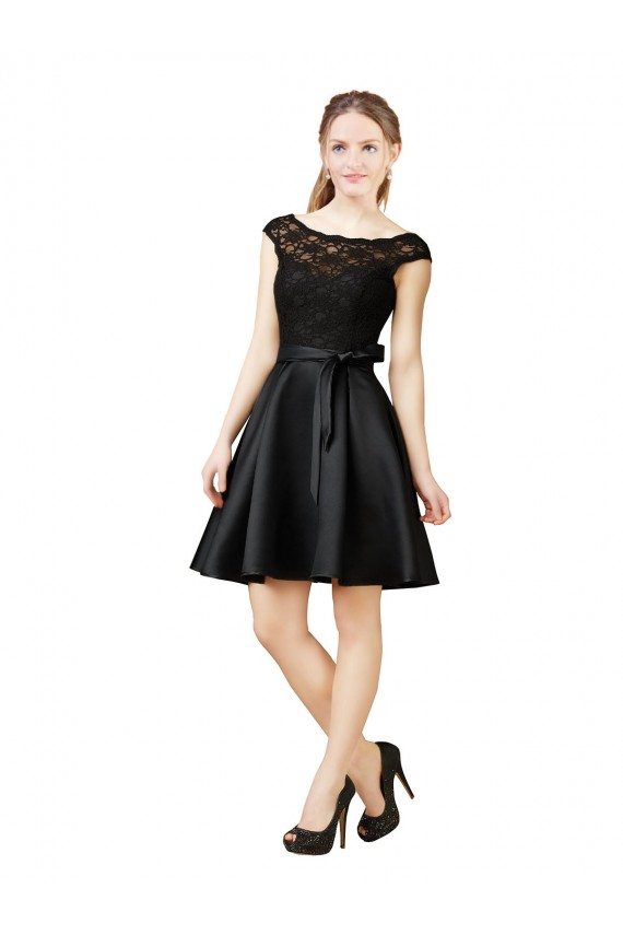 Noir Trapèze Illusion Satiné Dentelle Courte Robes demoiselle d'honneur / Robes de cocktail Prix Réduit