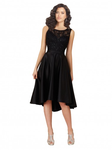 Noir Trapèze Illusion midi Satiné Dentelle Courte Asymétrique Robes demoiselle d'honneur / Robes de cocktail Prix Réduit
