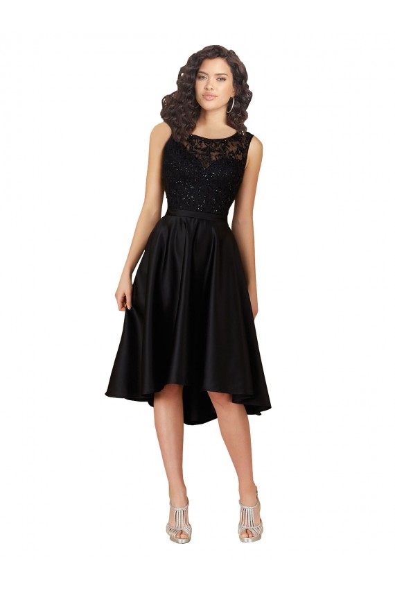 Noir Trapèze Illusion midi Satiné Dentelle Courte Asymétrique Robes demoiselle d'honneur / Robes de cocktail Prix Réduit