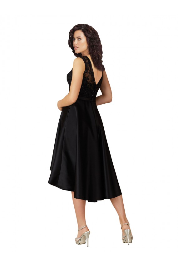Noir Trapèze Illusion midi Satiné Dentelle Courte Asymétrique Robes demoiselle d'honneur / Robes de cocktail Prix Réduit