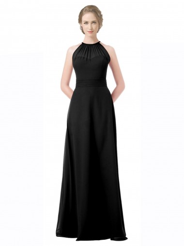 Noir Trapèze Licou Mousseline Longue Robes demoiselle d'honneur Prix Réduit