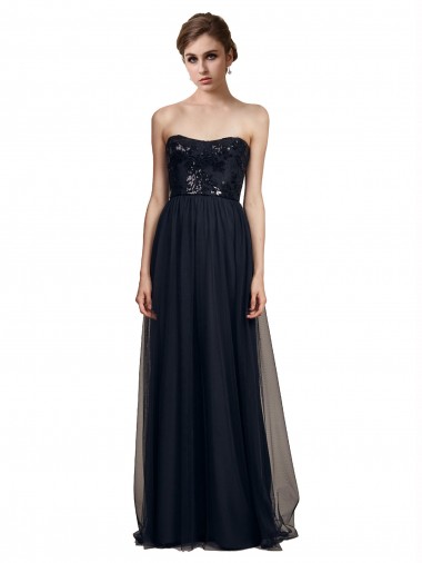 Noir Trapèze Sans bretelle Tulle Longue Robes demoiselle d'honneur Prix Réduit
