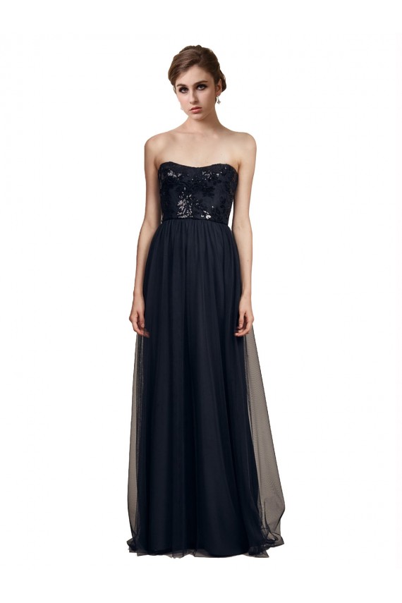 Noir Trapèze Sans bretelle Tulle Longue Robes demoiselle d'honneur Prix Réduit