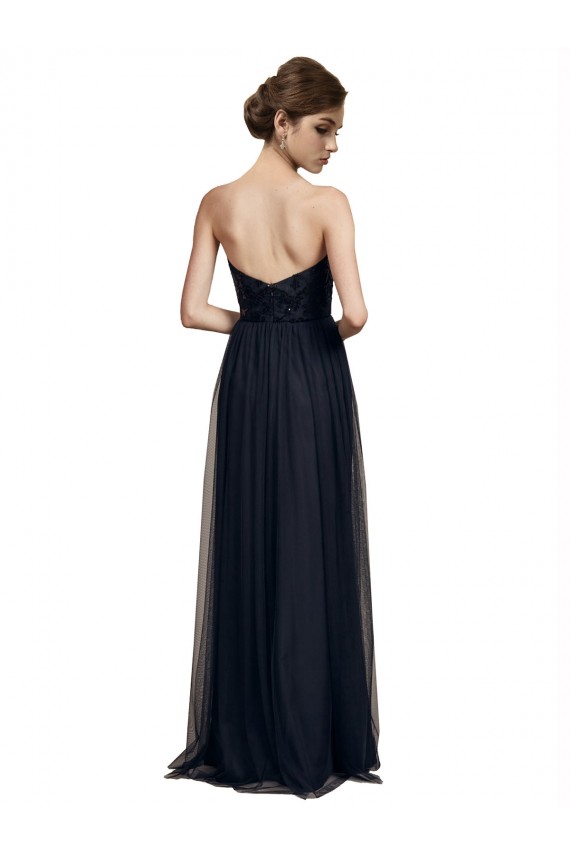 Noir Trapèze Sans bretelle Tulle Longue Robes demoiselle d'honneur Prix Réduit
