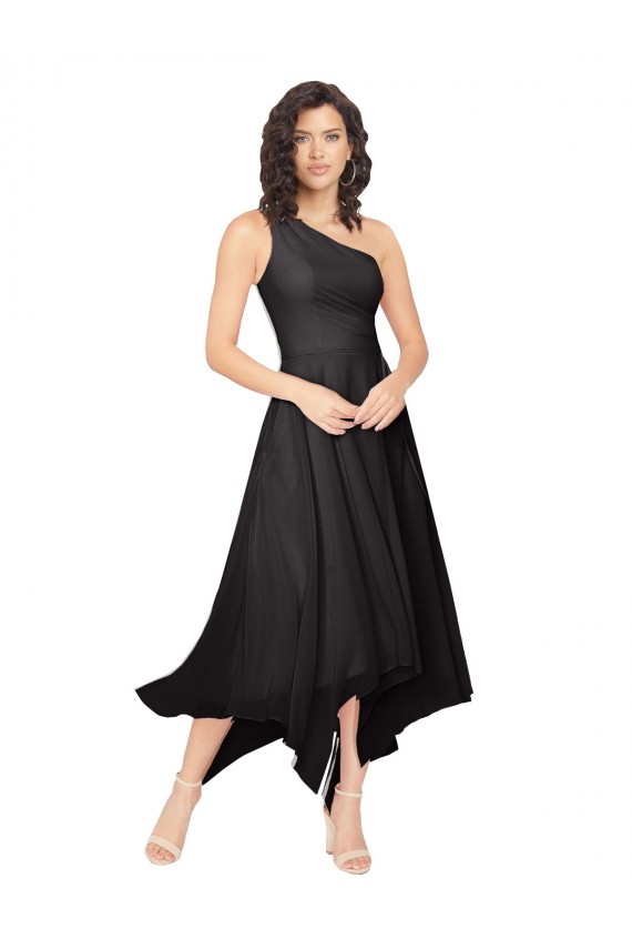 Noir Trapèze Sans bretelle midi Mousseline Courte Asymétrique Robes demoiselle d'honneur / Robes de cocktail Prix Réduit