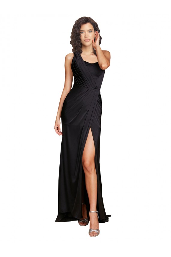 Noir Trapèze Satiné Soyeux Longue Formelles Robes demoiselle d'honneur / Robes de soirée / Robes de bal Prix Réduit