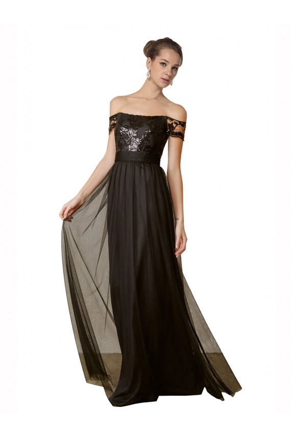 Noir Trapèze Épaule Dénudée Tulle Paillette Longue Robes demoiselle d'honneur Prix Réduit