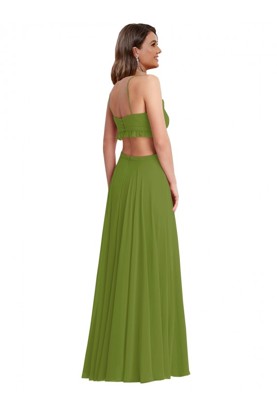 Olive verte Trapèze Col V Mousseline Longue Robes demoiselle d'honneur Prix Réduit