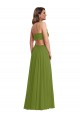 Olive verte Trapèze Col V Mousseline Longue Robes demoiselle d'honneur Prix Réduit