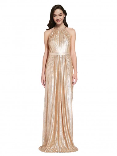 Or Fourreau Licou Col Haut Paillette Longue Formelles Robes demoiselle d'honneur / Robes de soirée / Robes de bal Prix Réduit