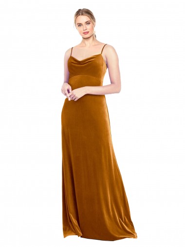 Or Trapèze Bretelles spaghetti Velours Stretch Longue Robes demoiselle d'honneur / Robes de bal Prix Réduit