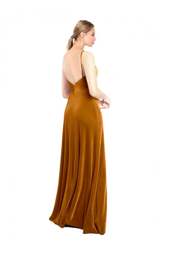 Or Trapèze Bretelles spaghetti Velours Stretch Longue Robes demoiselle d'honneur / Robes de bal Prix Réduit