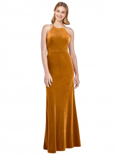 Or Trapèze Licou Col Haut Velours Stretch Longue Formelles Robes demoiselle d'honneur / Robes de soirée / Robes de bal Prix Réduit