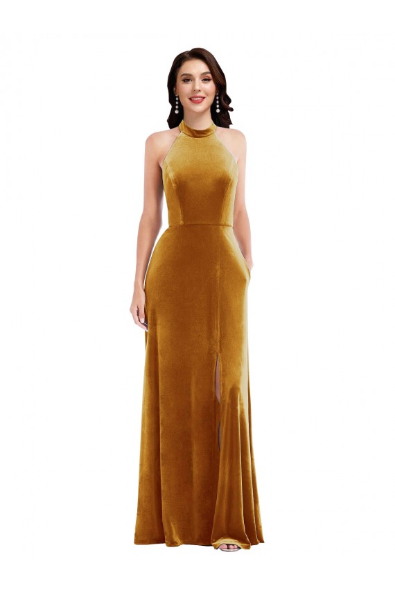 Or Trompette Licou Col Haut Velours Stretch Longue Robes demoiselle d'honneur / Robes de bal Prix Réduit