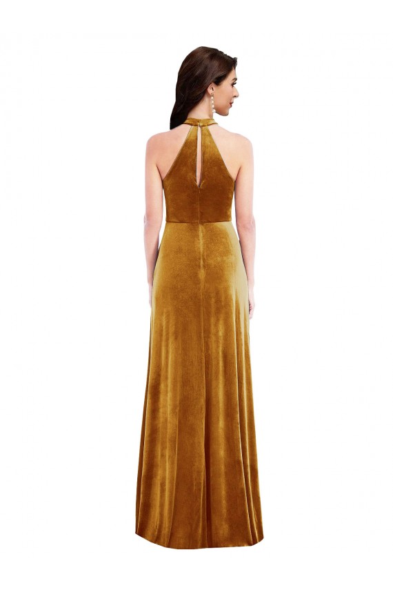 Or Trompette Licou Col Haut Velours Stretch Longue Robes demoiselle d'honneur / Robes de bal Prix Réduit