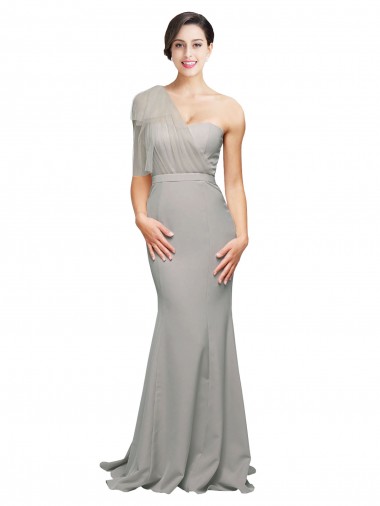 Oyster Argent Sirène Balayage train Crêpe Stretch Tulle Longue Formelles Robes demoiselle d'honneur / Robes de soirée / Robes de bal Prix Réduit