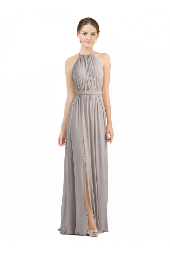 Oyster Argent Trapèze Licou Mousseline Longue Robes demoiselle d'honneur Prix Réduit