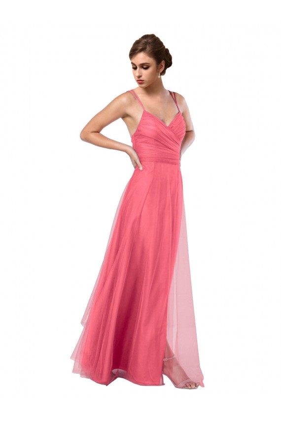 Pastèque Trapèze Bretelles spaghetti Tulle Longue Robes demoiselle d'honneur Prix Réduit
