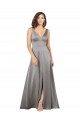 Pearl Grey Trapèze Col V Satiné Soyeux Longue Formelles Robes demoiselle d'honneur / Robes de soirée / Robes de bal Prix Réduit