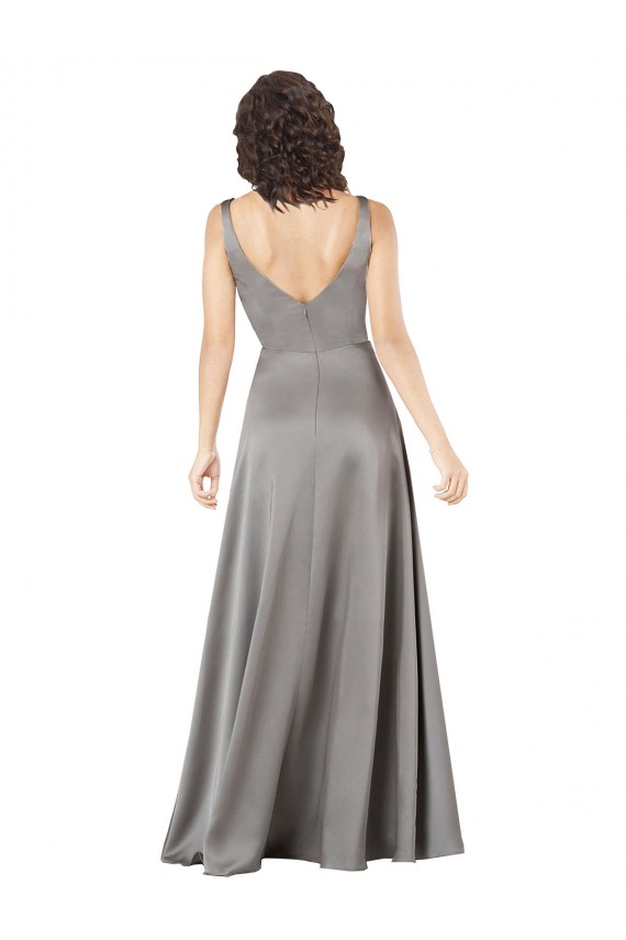 Pearl Grey Trapèze Col V Satiné Soyeux Longue Formelles Robes demoiselle d'honneur / Robes de soirée / Robes de bal Prix Réduit
