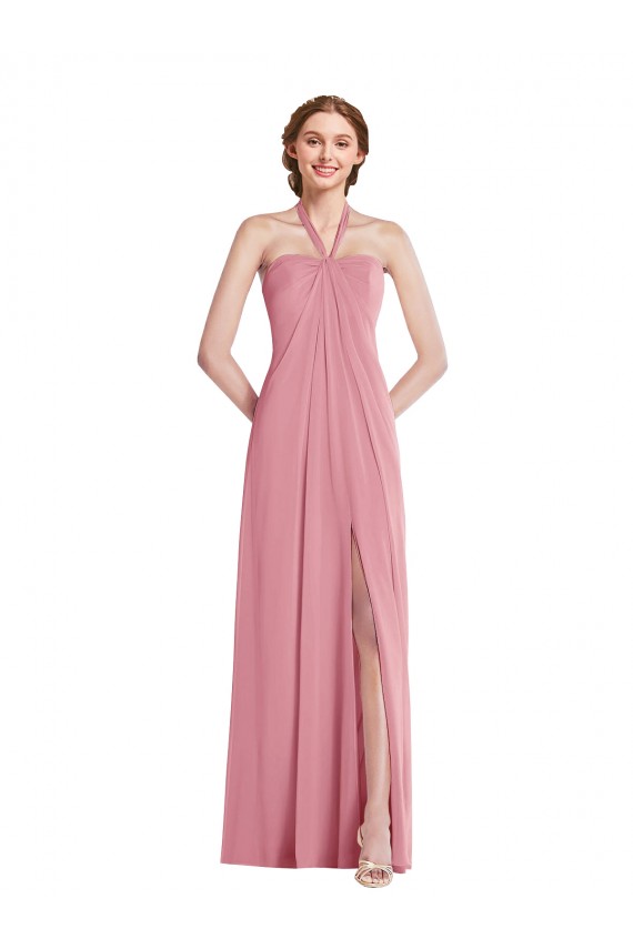 Peau Rose Trapèze Licou Mousseline Longue Robes demoiselle d'honneur Prix Réduit