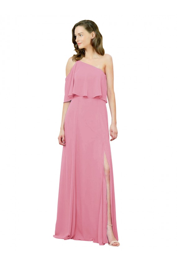 Peau Rose Trapèze Mousseline Longue Robes demoiselle d'honneur Prix Réduit