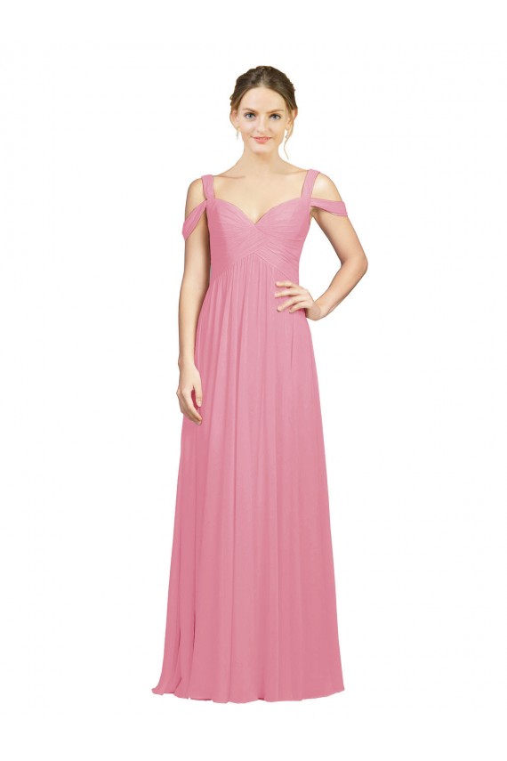 Peau Rose Trapèze Épaule Dénudée Mousseline Longue Robes demoiselle d'honneur Prix Réduit