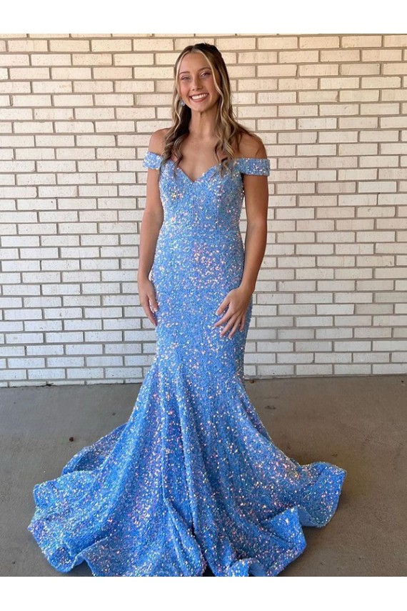 Periwinkle Sirène Épaule Dénudée Paillettes Velours Longue Robes de bal Prix Réduit