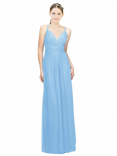 Periwinkle Trapèze Bretelles spaghetti Col V Mousseline Longue Robes demoiselle d'honneur Prix Réduit
