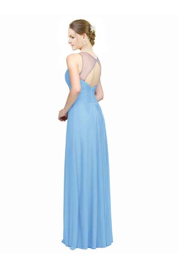 Periwinkle Trapèze Bretelles spaghetti Col V Mousseline Longue Robes demoiselle d'honneur Prix Réduit