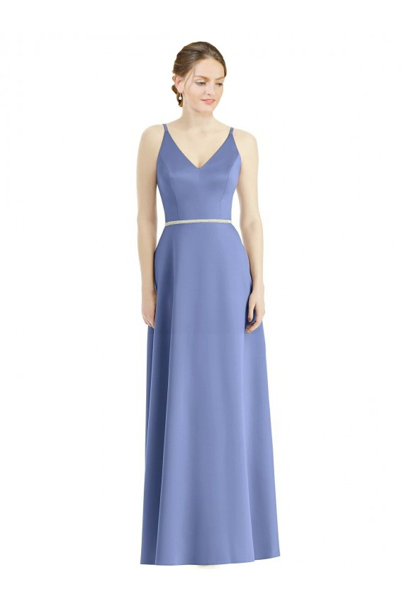 Periwinkle Trapèze Bretelles spaghetti Col V Satiné Longue Robes demoiselle d'honneur Prix Réduit