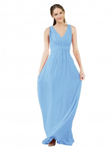 Periwinkle Trapèze Col V Mousseline Longue Robes demoiselle d'honneur Prix Réduit