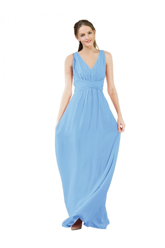 Periwinkle Trapèze Col V Mousseline Longue Robes demoiselle d'honneur Prix Réduit