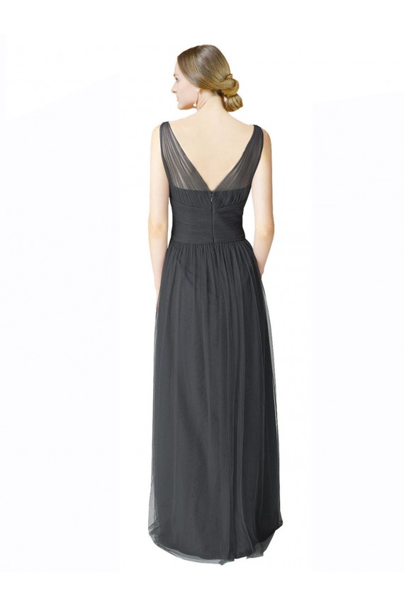 Pewter Trapèze Col V Tulle Longue Robes demoiselle d'honneur Prix Réduit