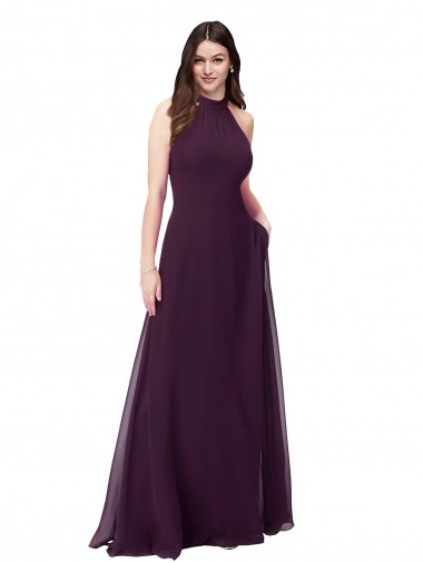 Pourpre Trapèze Licou Col Haut Mousseline Longue Robes demoiselle d'honneur Prix Réduit