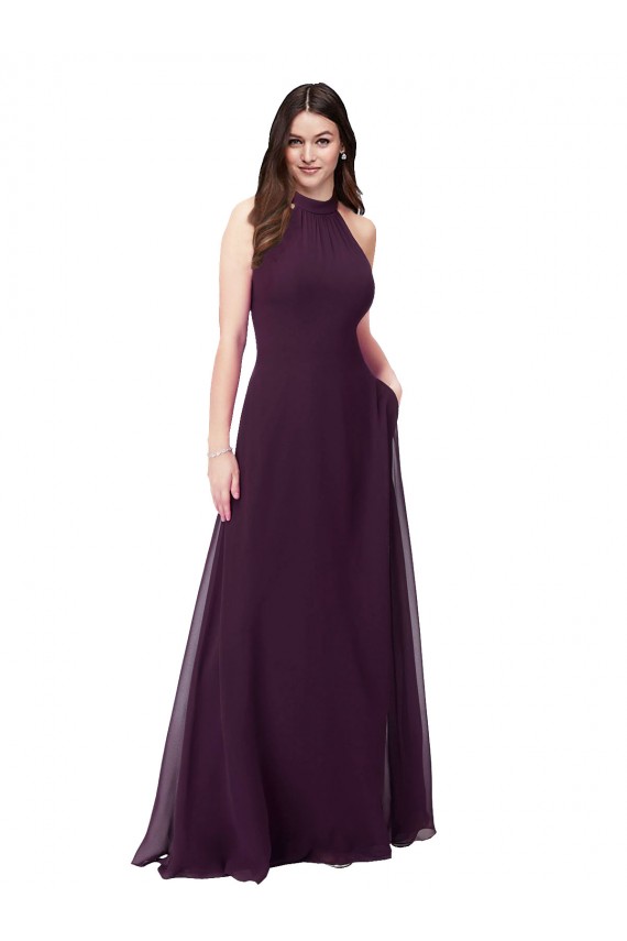 Pourpre Trapèze Licou Col Haut Mousseline Longue Robes demoiselle d'honneur Prix Réduit