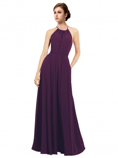Pourpre Trapèze Licou Mousseline Longue Robes demoiselle d'honneur Prix Réduit