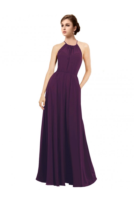 Pourpre Trapèze Licou Mousseline Longue Robes demoiselle d'honneur Prix Réduit