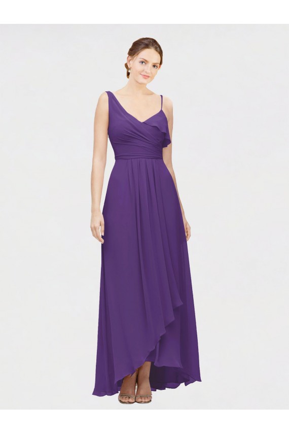 Prune Trapèze Col V Mousseline Longue Asymétrique Robes demoiselle d'honneur Prix Réduit