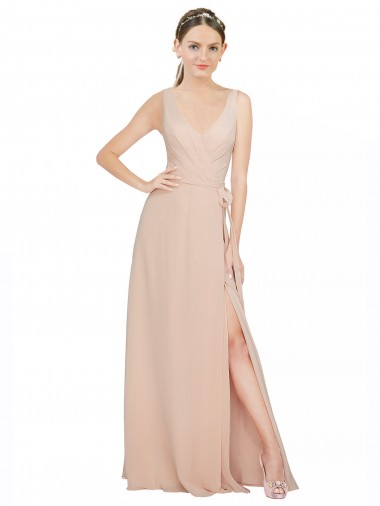 Rose 114 Trapèze Col V Mousseline Longue Robes demoiselle d'honneur Prix Réduit