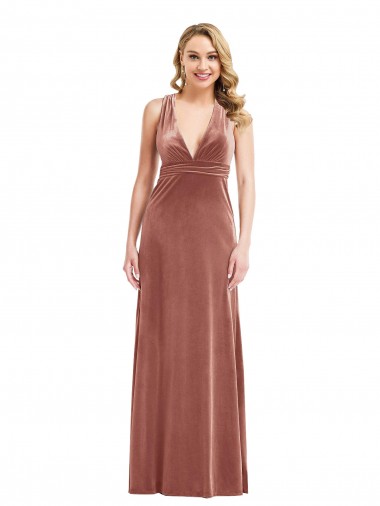 Rose Cannelle Trapèze Col V Velours Stretch Longue Formelles Robes demoiselle d'honneur / Robes de soirée / Robes de bal Prix Réduit