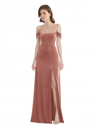 Rose Cannelle Trapèze Épaule Dénudée Velours Stretch Longue Robes demoiselle d'honneur / Robes de bal Prix Réduit