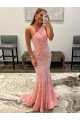 Rose Fourreau Balayage train Paillettes Velours Longue Robes de bal Prix Réduit