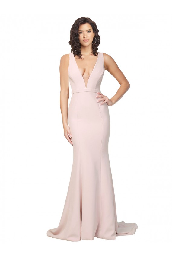 Rose Fourreau Col V Balayage train Crêpe Stretch Longue Formelles Robes demoiselle d'honneur / Robes de soirée / Robes de bal Prix Réduit