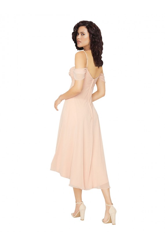 Rose Glacé Trapèze Col Carré midi Mousseline Courte Asymétrique Robes demoiselle d'honneur Prix Réduit